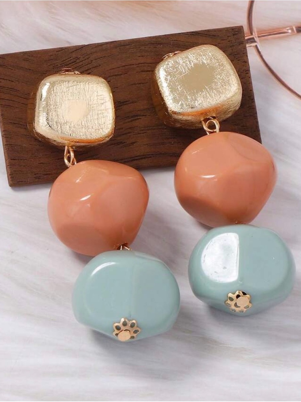 Peach, Gold, & Mint Color Block Drop Earrings - Picture 3 of 4